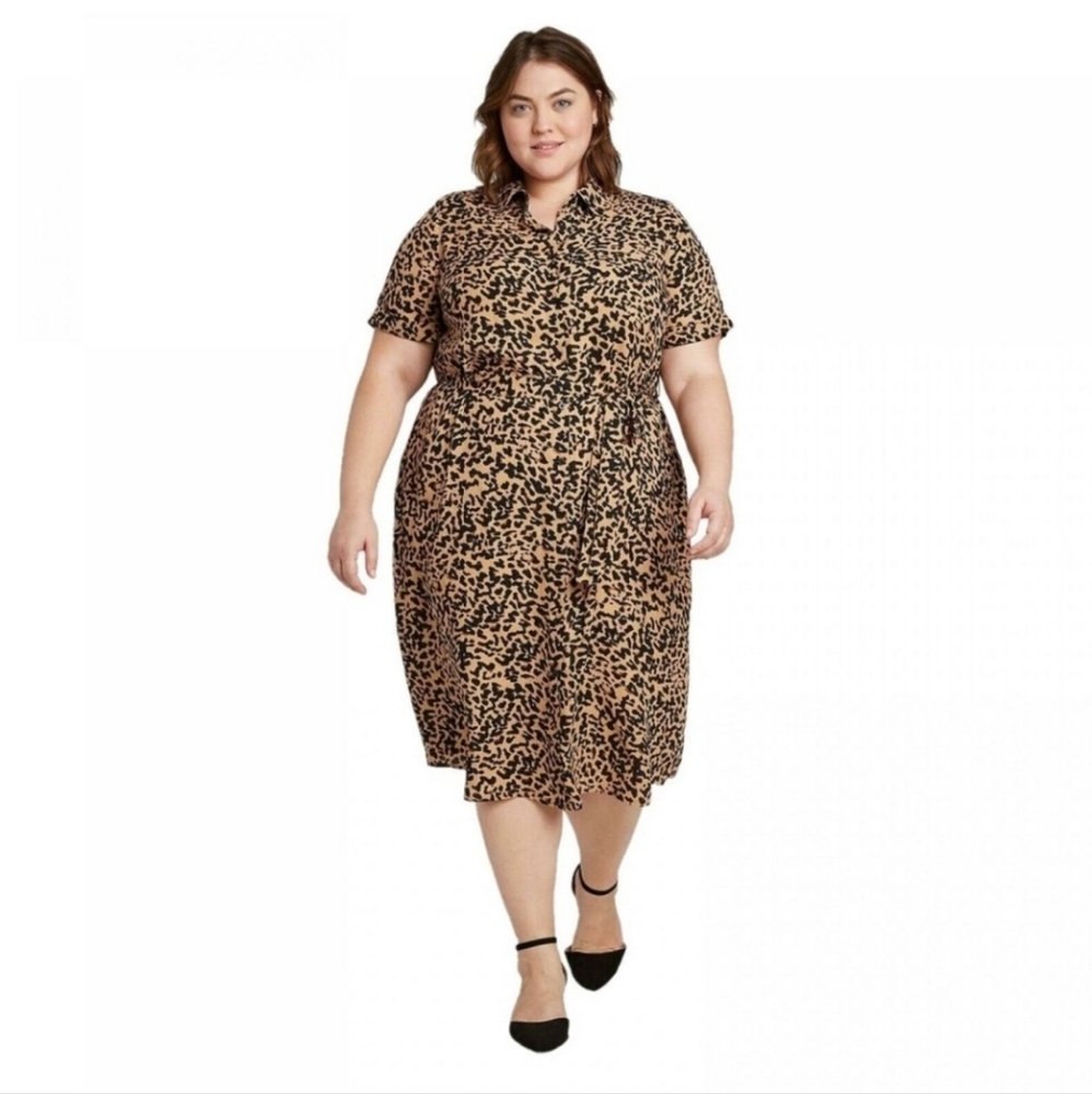 Ava & Viv | Cuffed Short Sleeve Leopard Shirtdress w/ Tie Belt, Sz. 3X
